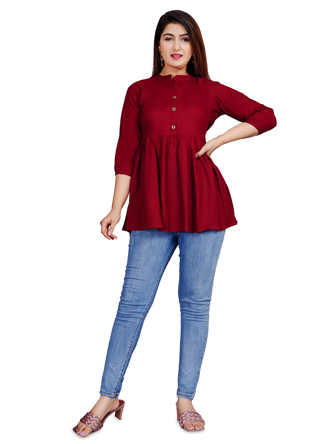 

SIPET Mandarin Collar A-Line Top, Maroon
