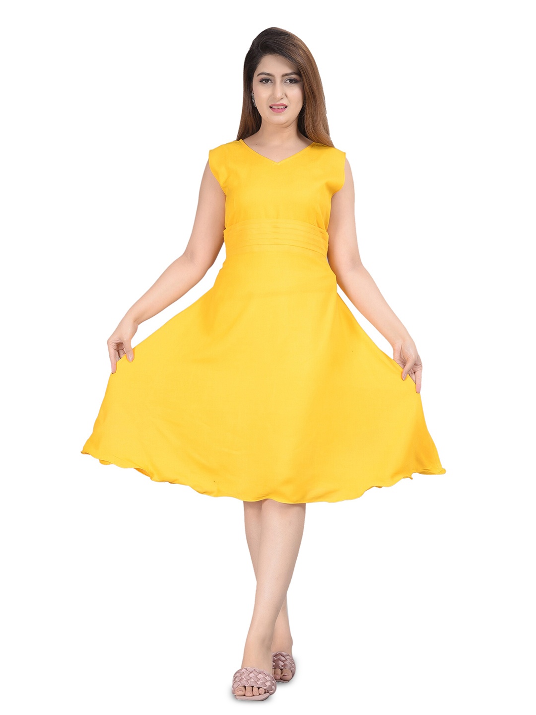 

SIPET V-Neck Sleeveless Fit and Flare Dress, Yellow