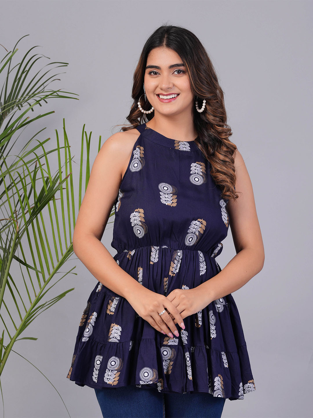 

SIPET Floral Printed Round Neck Gathered Tiered Peplum Top, Navy blue