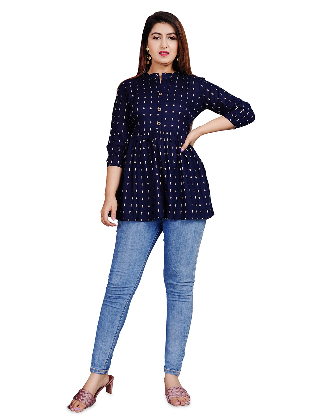 

SIPET Ethnic Motifs Woven Design Gathered A-Line Top, Navy blue