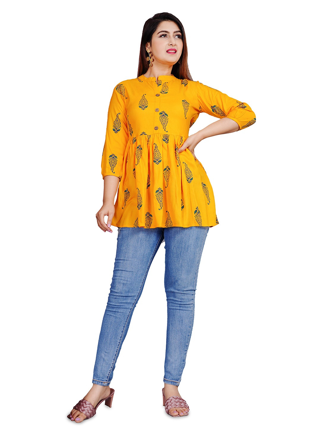 

SIPET Floral Printed Mandarin Collar Tunic, Yellow