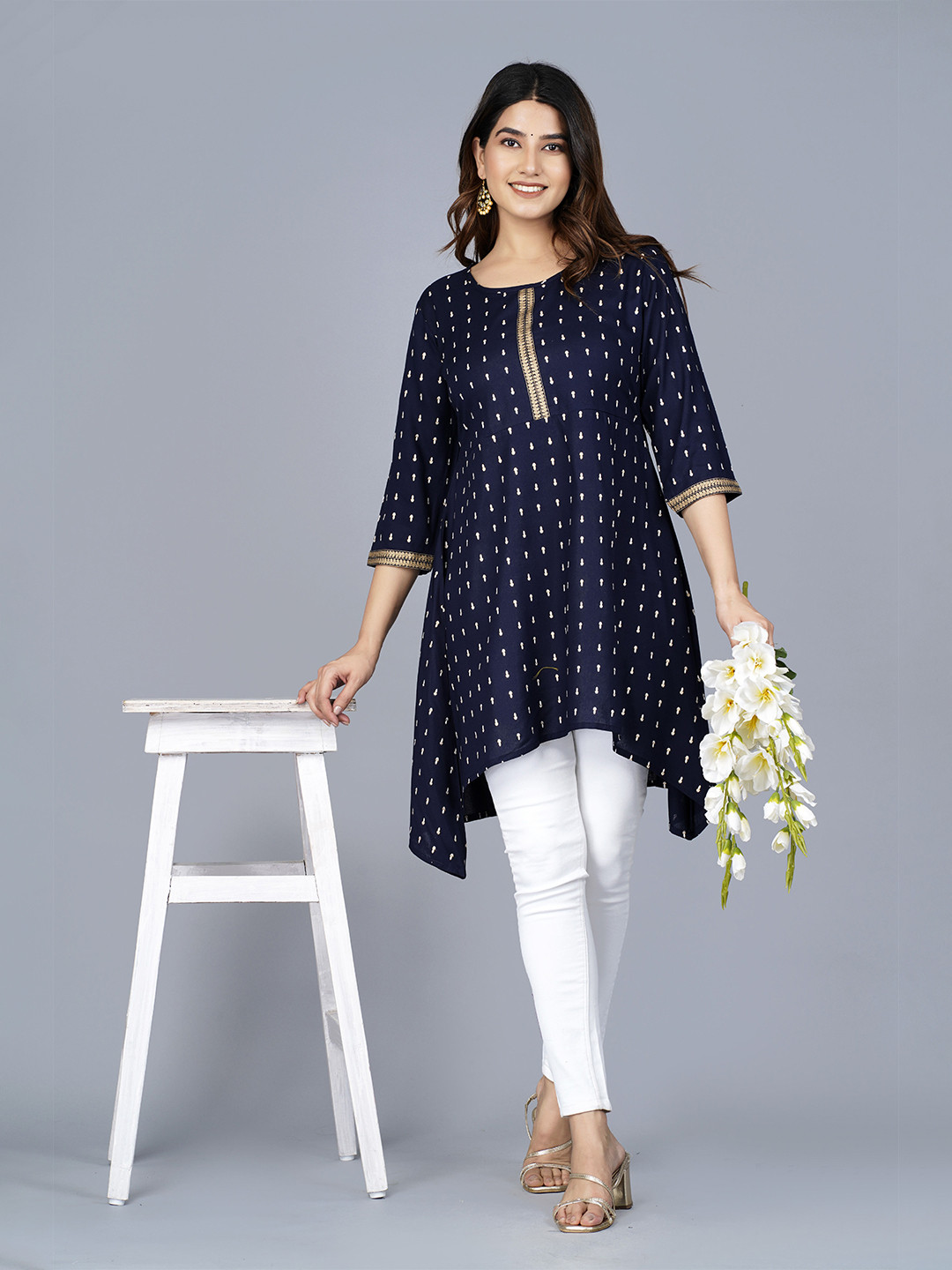 

SIPET Ethnic Motifs Printed A-Line Kurti, Navy blue