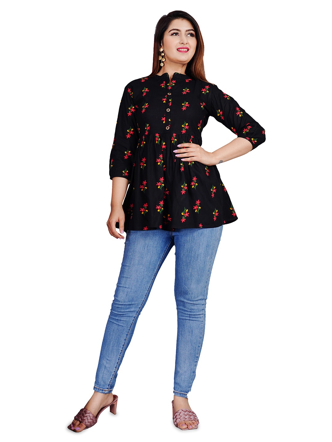 

SIPET Floral Printed Mandarin Collar Tunic, Black