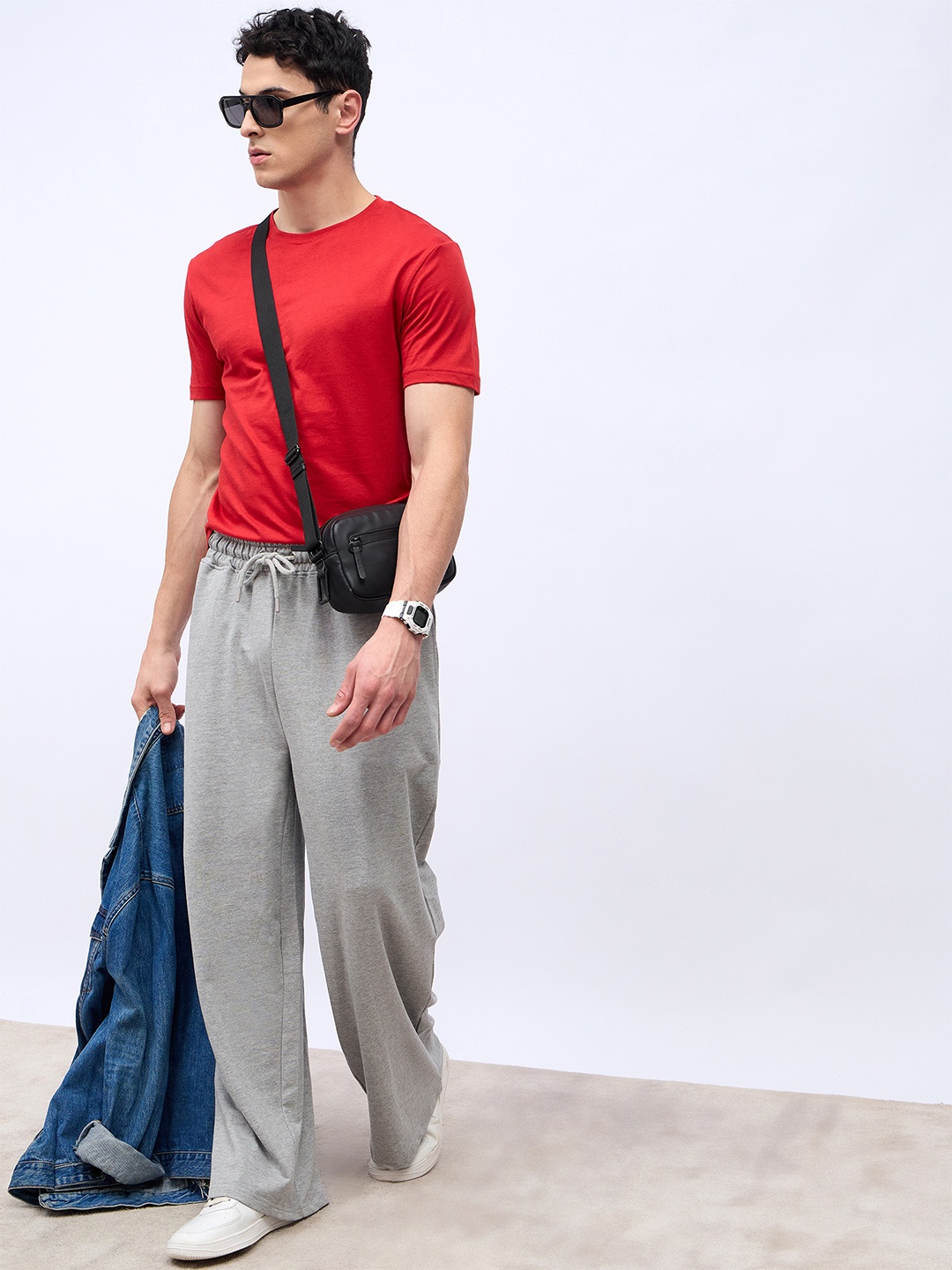 

Styli Men Grey Wide Leg Cotton Terry Track Pants