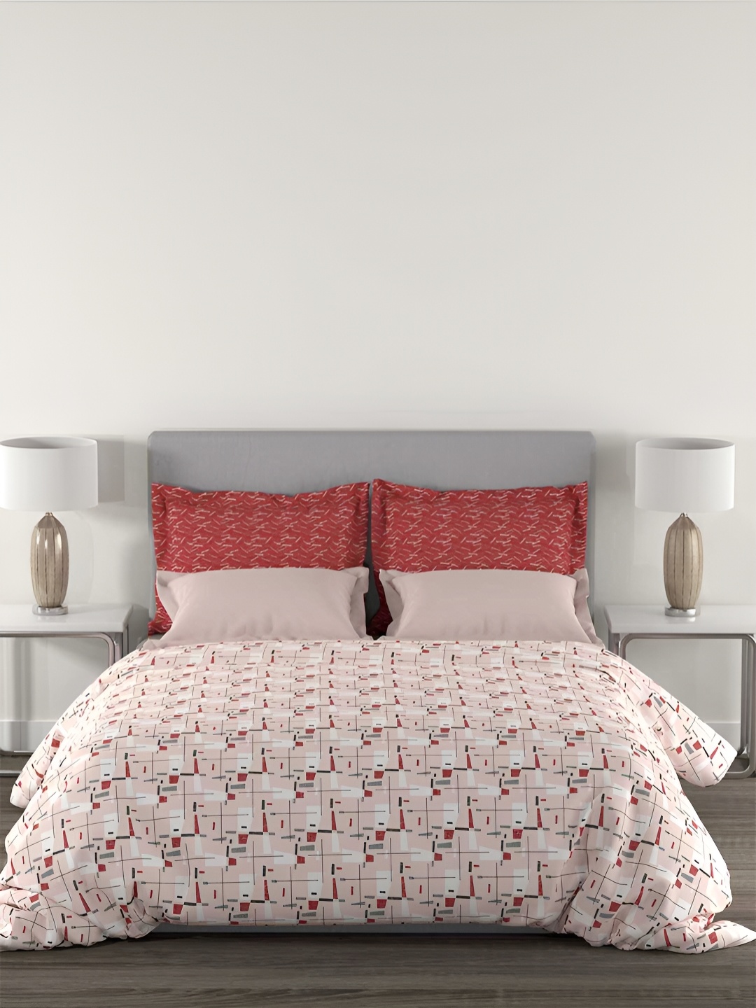 

MYTRIDENT Red & White Geometric Printed 144 TC Queen Bedsheet Set
