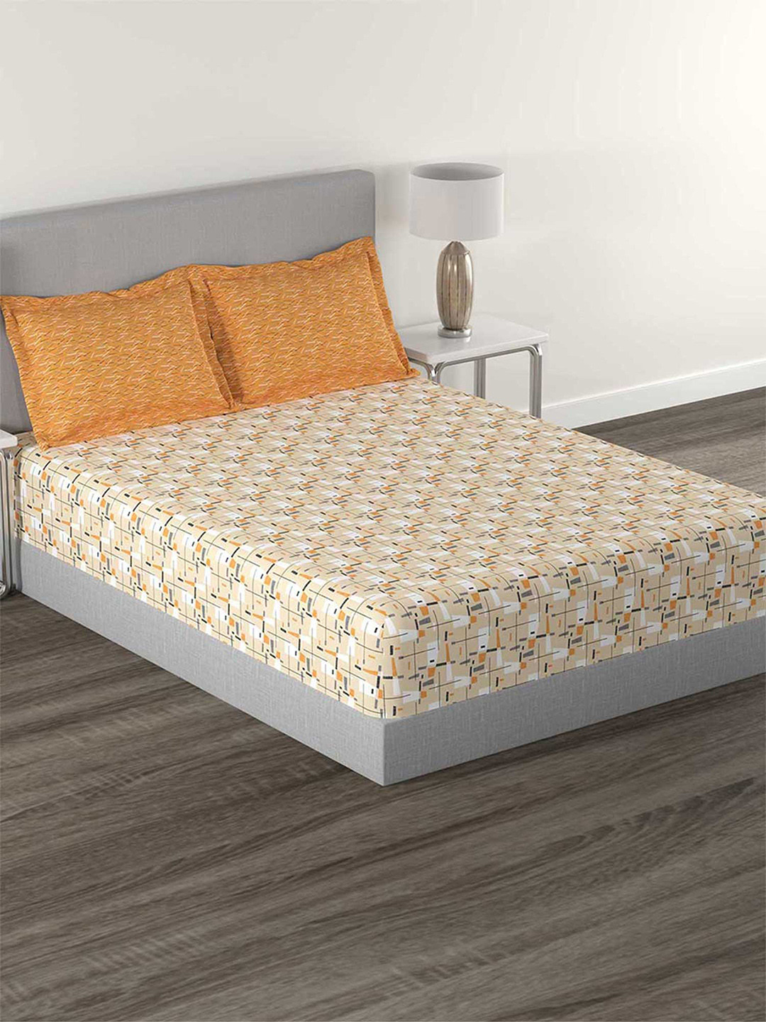

MYTRIDENT Criss Cross Orange Flat 144TC Queen Cotton 1 Bedsheet with 2 Pillow Covers, Brown