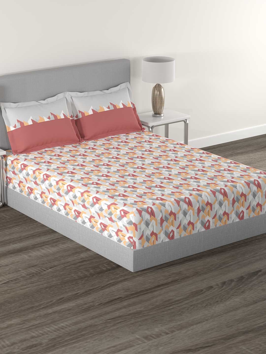 

MYTRIDENT Dune Mauve Flat 144TC King Cotton Bedsheet Set, White