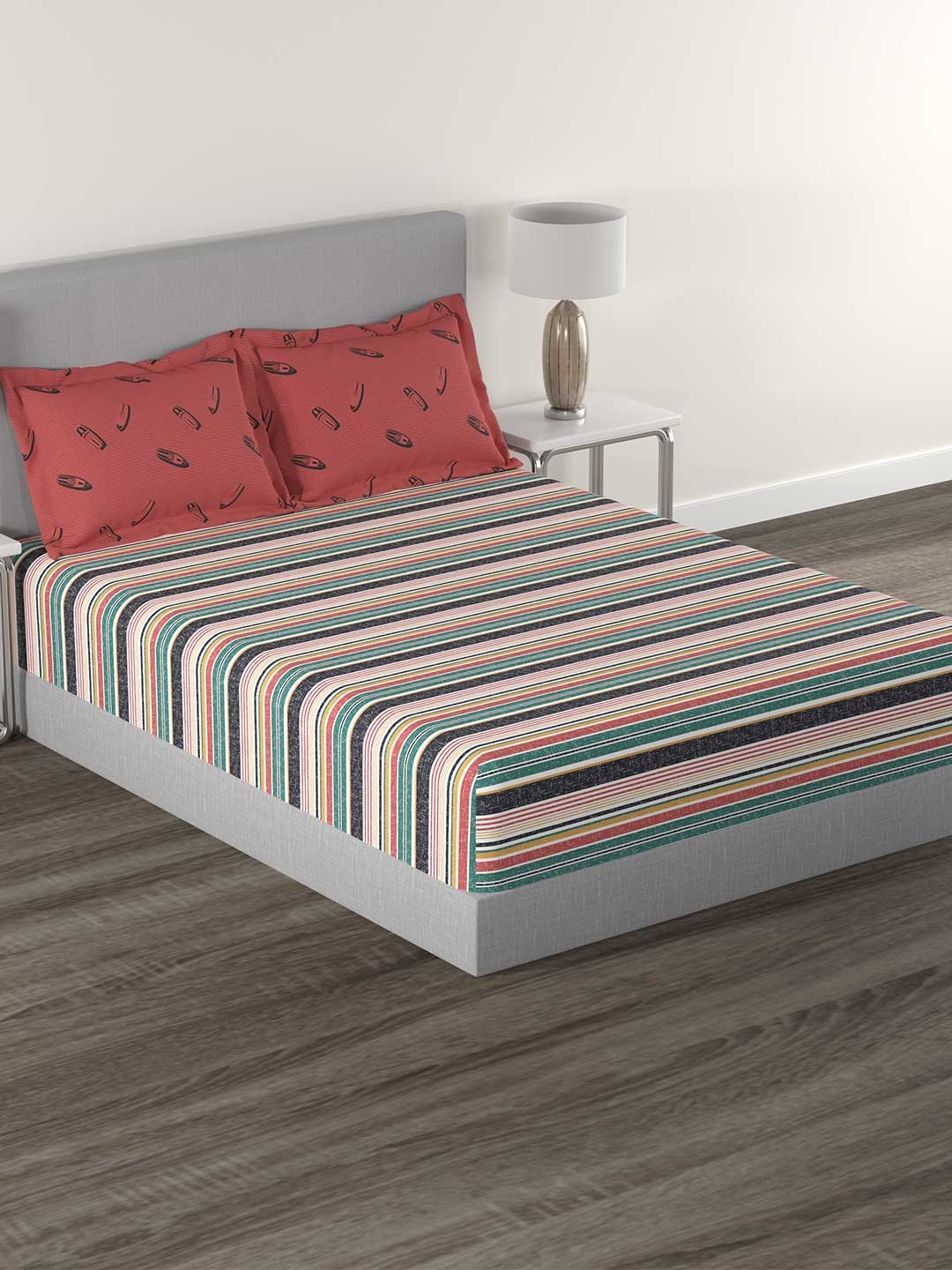

MYTRIDENT Red Striped Cotton 144 TC King Bedsheet with 2 Pillow Covers