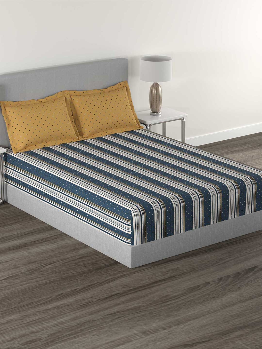 

MYTRIDENT Blue & White Striped 144 TC Cotton Queen Bedsheet with 2 Pillow Covers