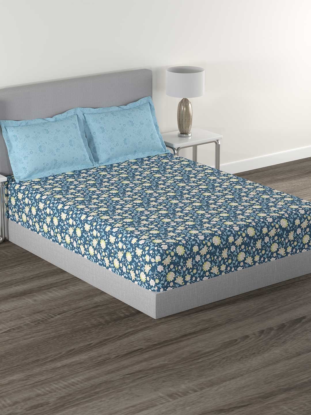 

TRIDENT Ella Blue Flat 144TC King Cotton Bedsheet Set