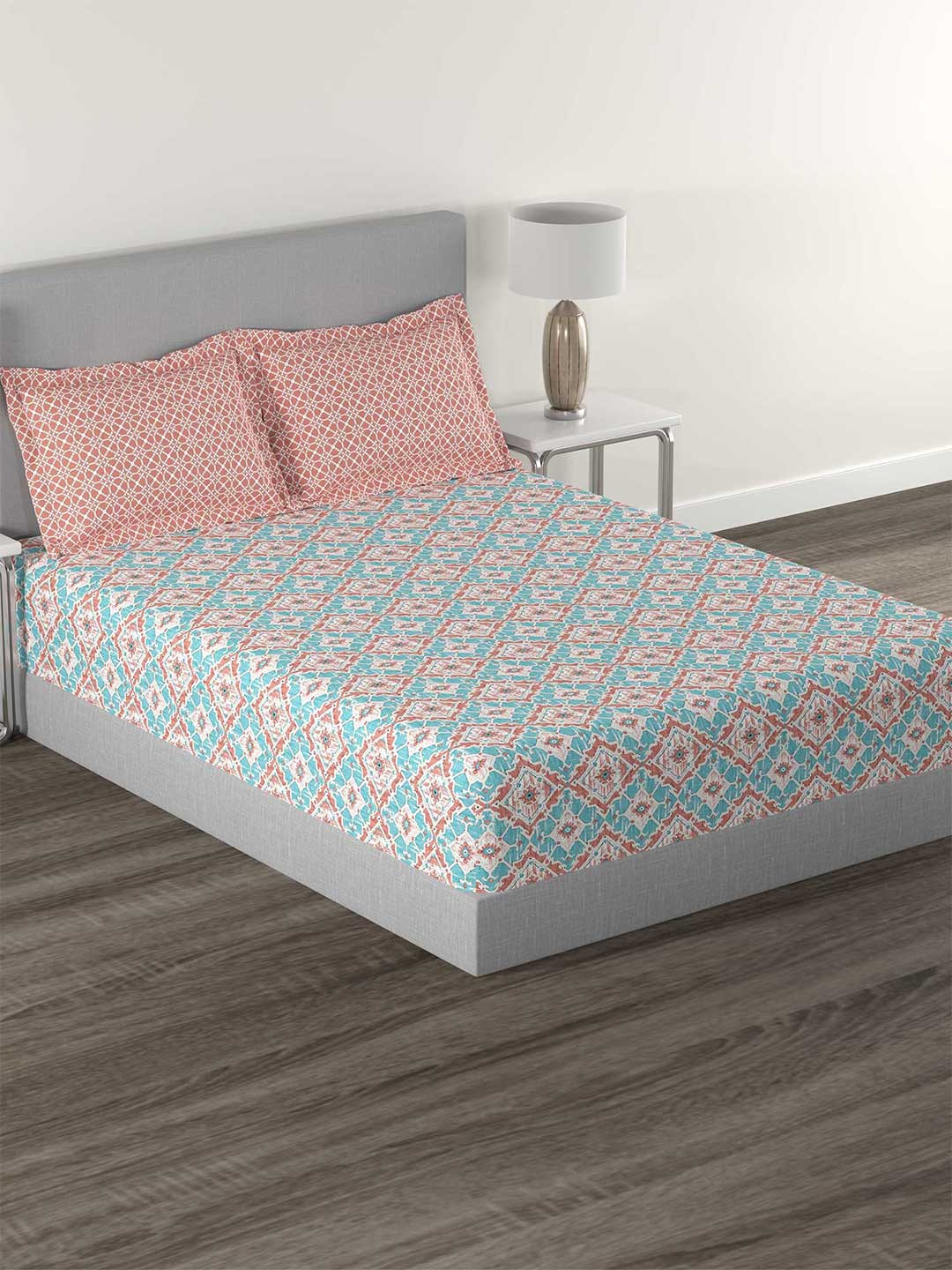 

MYTRIDENT Killim Peach Flat 144TC Queen Cotton Bedsheet Set