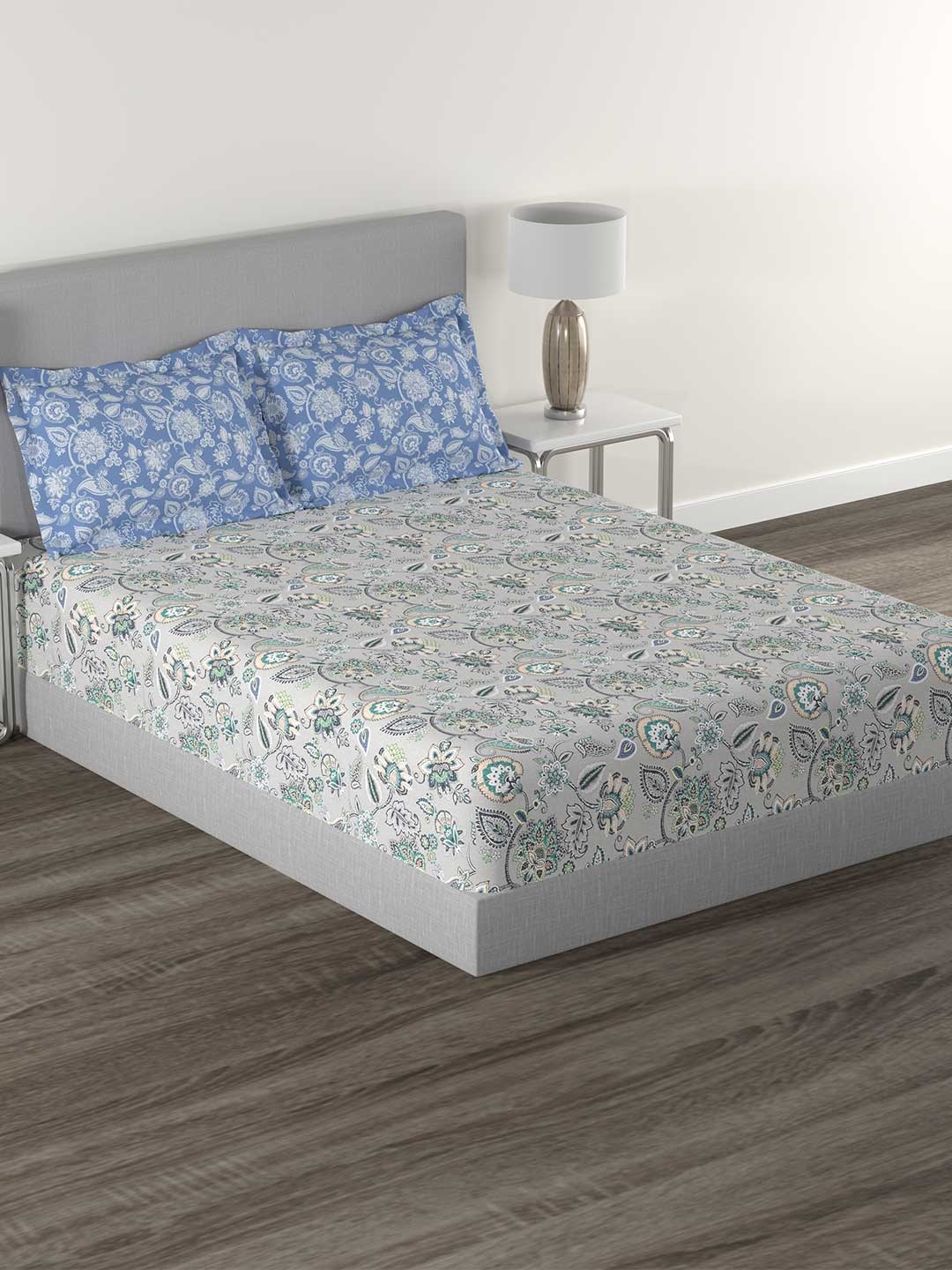 

MYTRIDENT Palampor Green Flat 144TC King Cotton 1 Bedsheet with 2 Pillow Covers, Grey