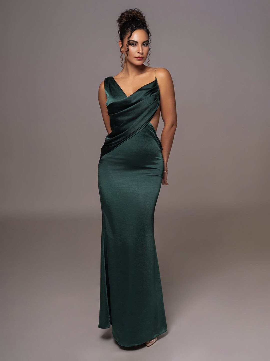 

Bee Boe One Shoulder Mermaid Hem Satin Maxi Dress, Green