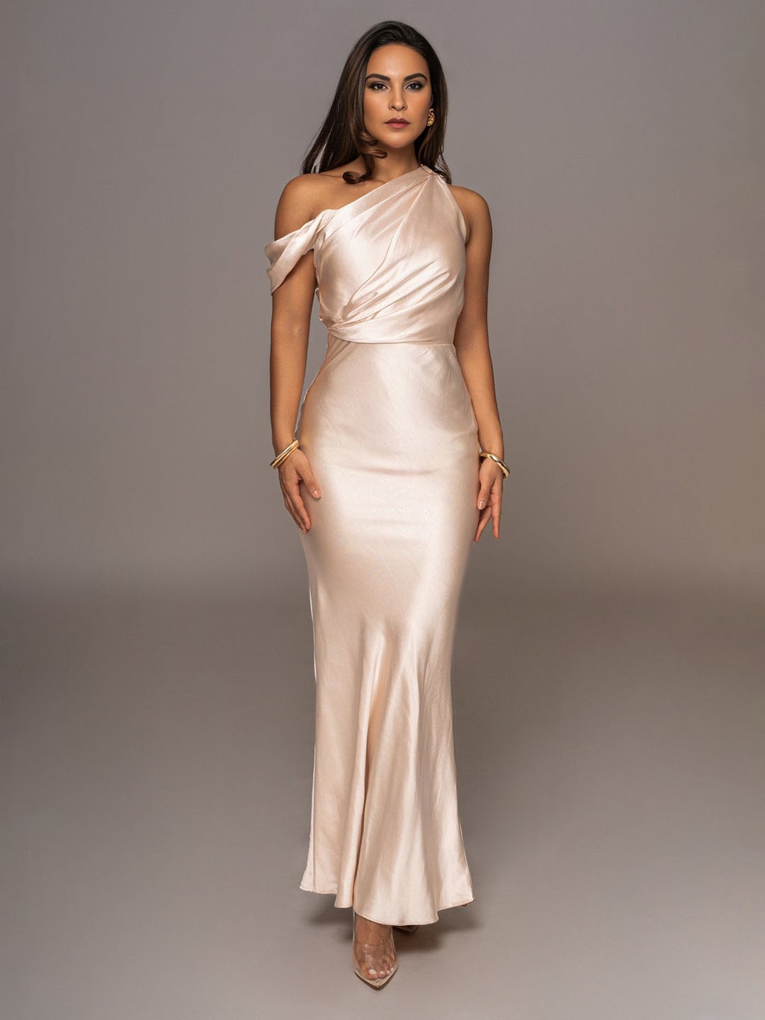 

Bee Boe One Shoulder Satin Maxi Dress, Champagne