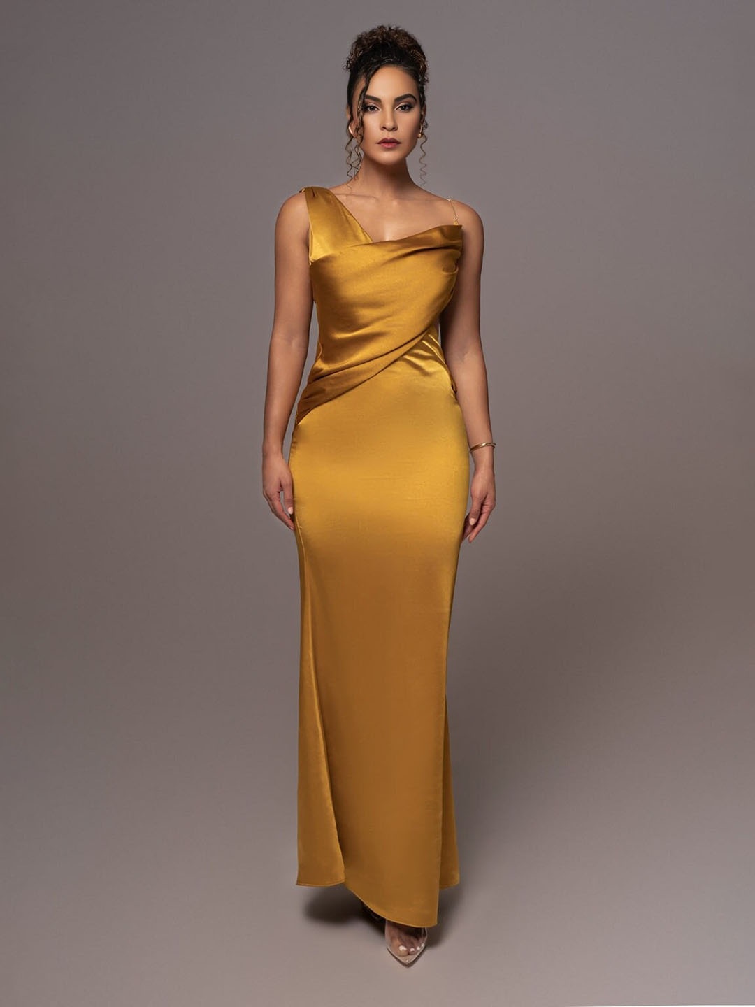 

Bee Boe Asymmetric Neck Satin Maxi Dress, Mustard