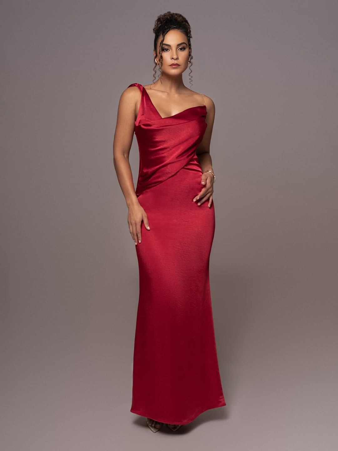 

Bee Boe One Shoulder Mermaid Hem Satin Maxi Dress, Red