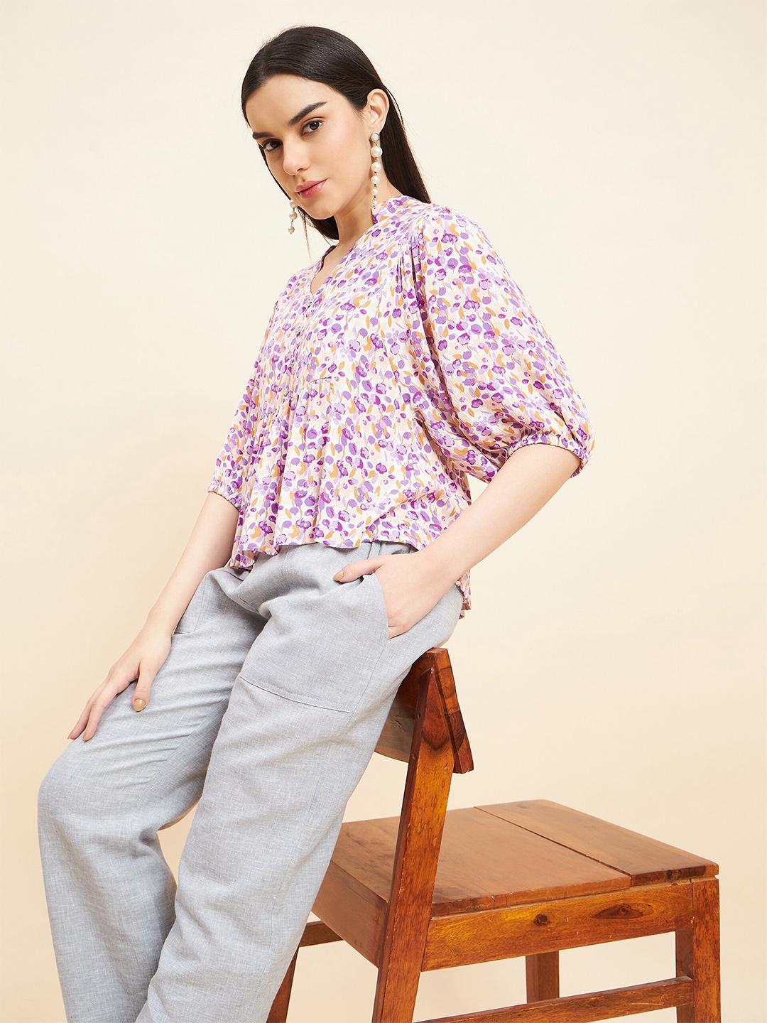 

Gipsy Mandarin Collar Floral Printed Puff Sleeves Peplum Top, Purple