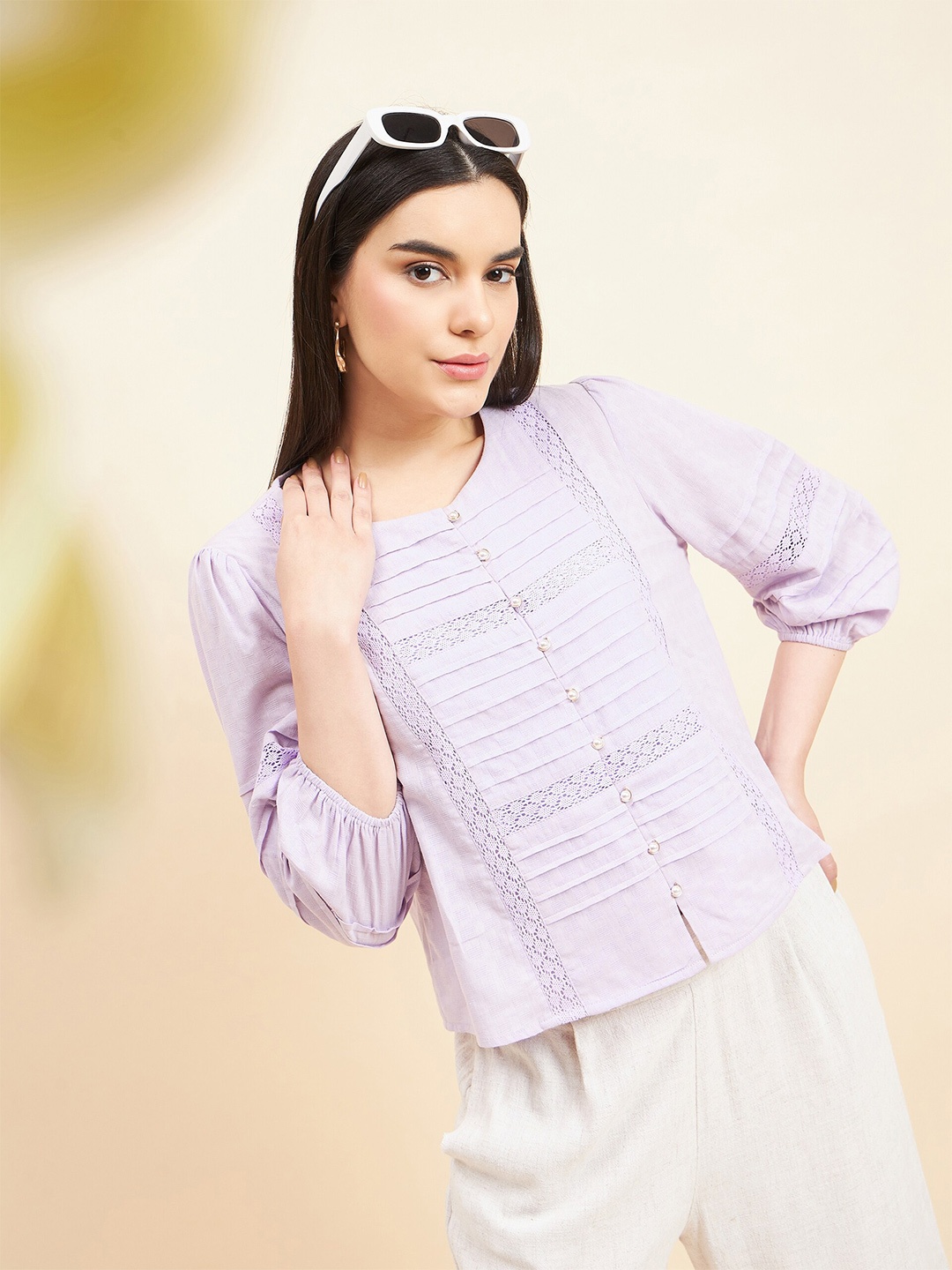 

Gipsy Striped Puff Sleeves Cotton Top, Black