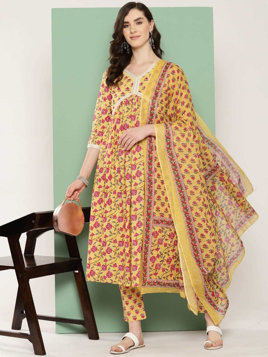 

KALINI Floral Embroidered Pleated Thread Work Pure Cotton Kurta with Trousers & Dupatta, Yellow