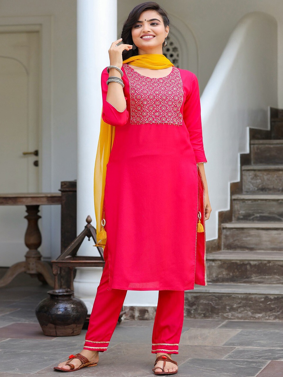 

KALINI Women Ethnic Motifs Yoke Design Regular Thread Work Kurta with Trousers & With Dupatta, Pink