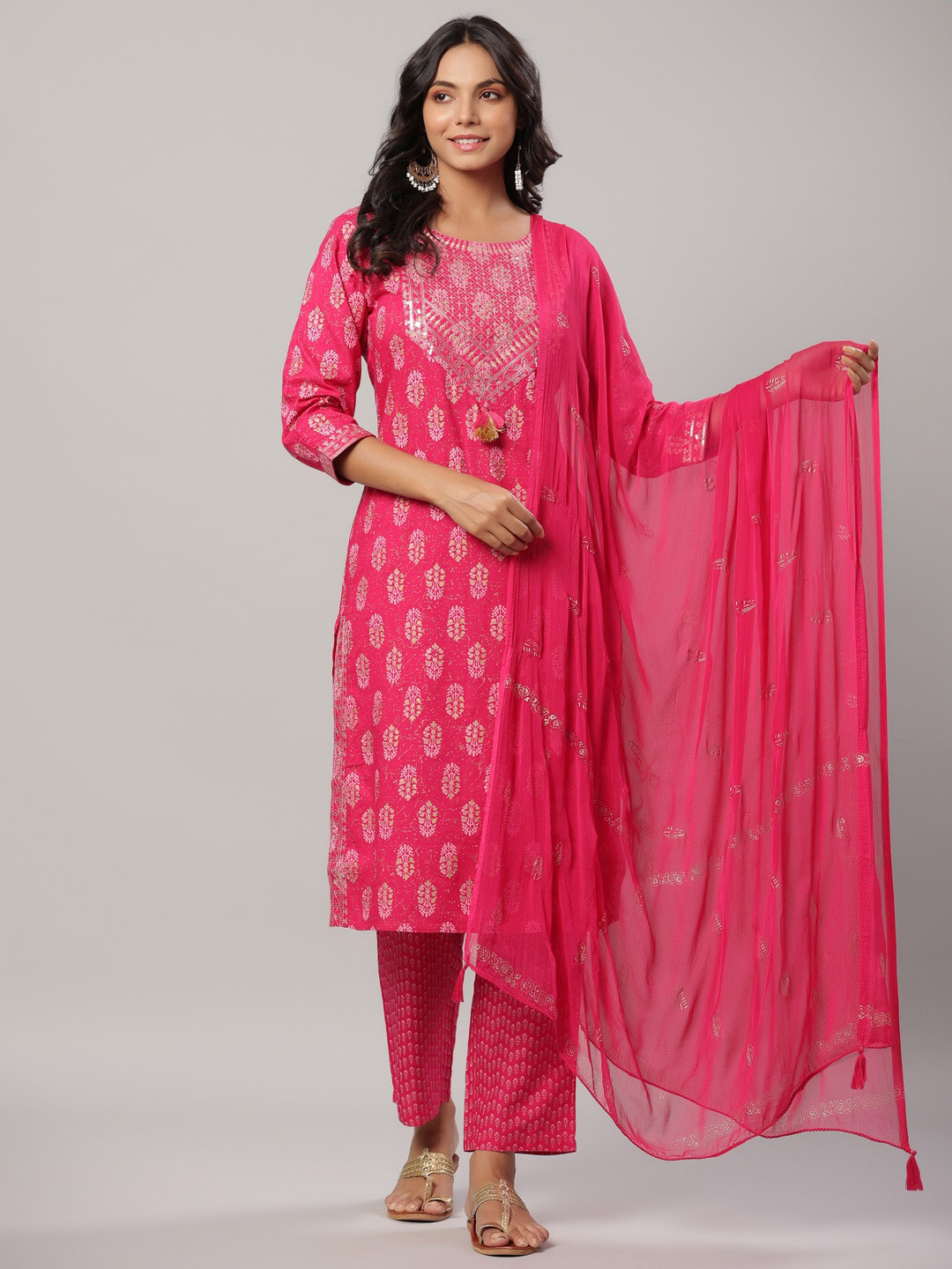 

KALINI Women Ethnic Motifs Printed Regular Sequinned Kurta with Trousers & With Dupatta, Fuchsia