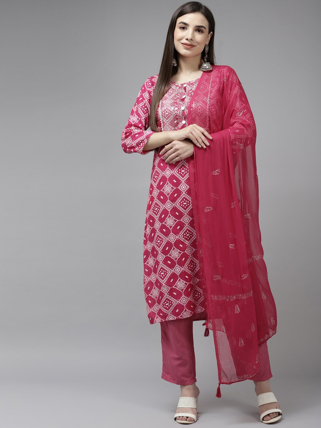 

KALINI Women Bandhani Embroidered Regular Sequinned Kurta with Trousers & With Dupatta, Fuchsia