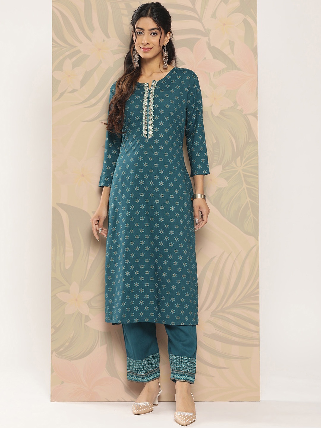 

KALINI Women Ethnic Motifs Embroidered Regular Thread Work Kurta with Palazzos, Teal