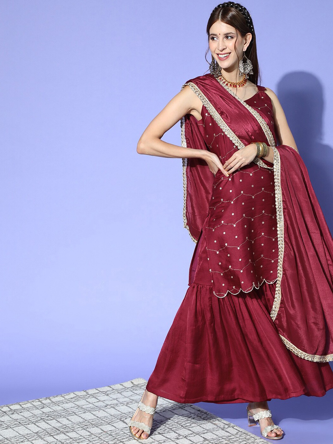 

KALINI Women Ethnic Motifs Printed Regular Pure Silk Kurta with Sharara & With Dupatta, Red