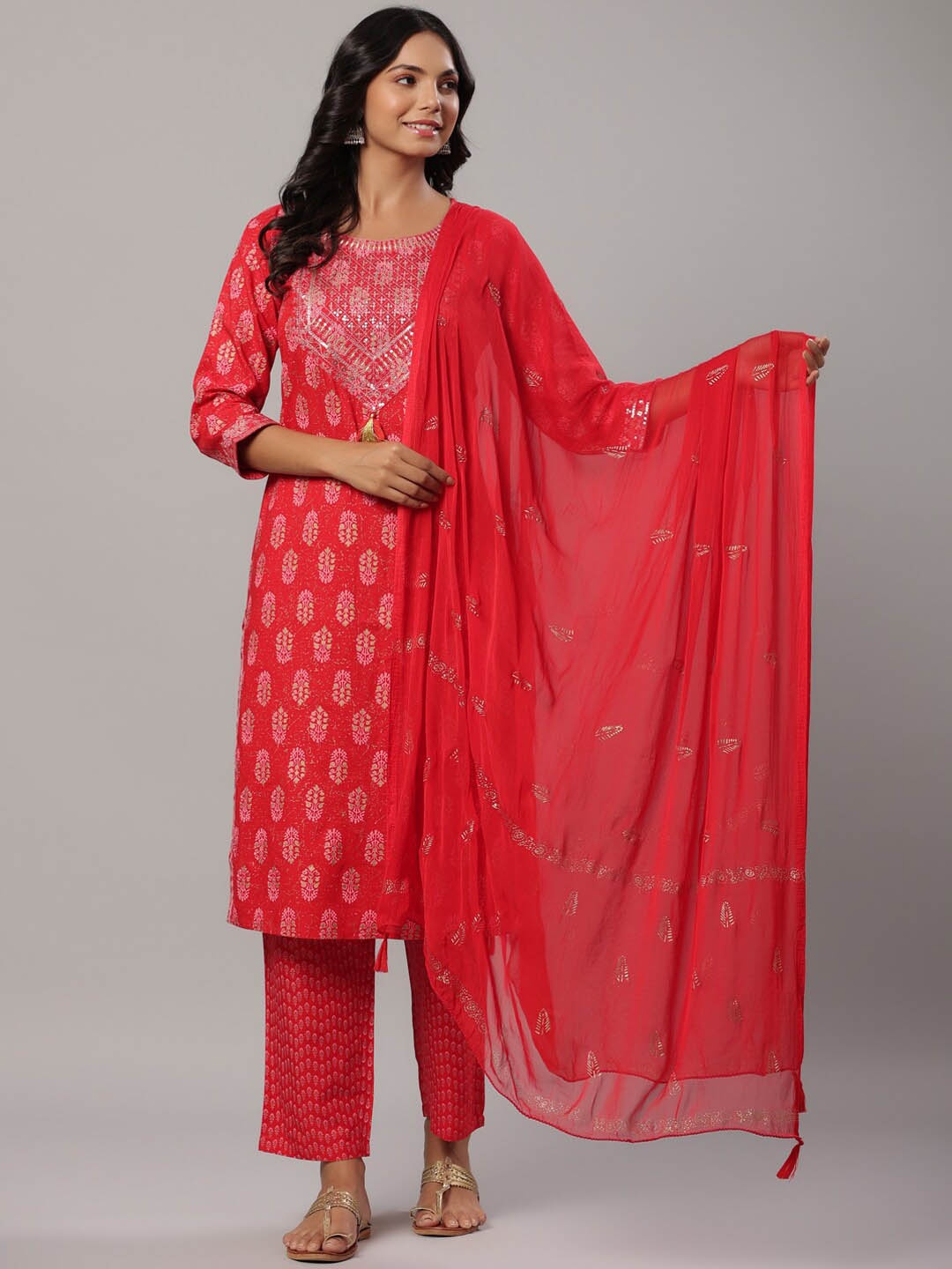 

KALINI Women Ethnic Motifs Embroidered Regular Thread Work Kurta with Trousers & With Dupatta, Red