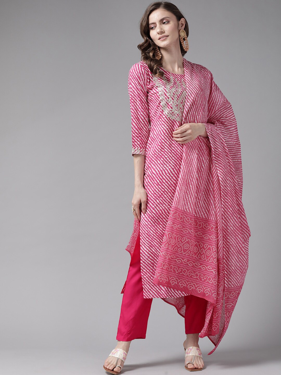 

KALINI Women Leheriya Embroidered Regular Sequinned Kurta with Trousers & With Dupatta, Pink