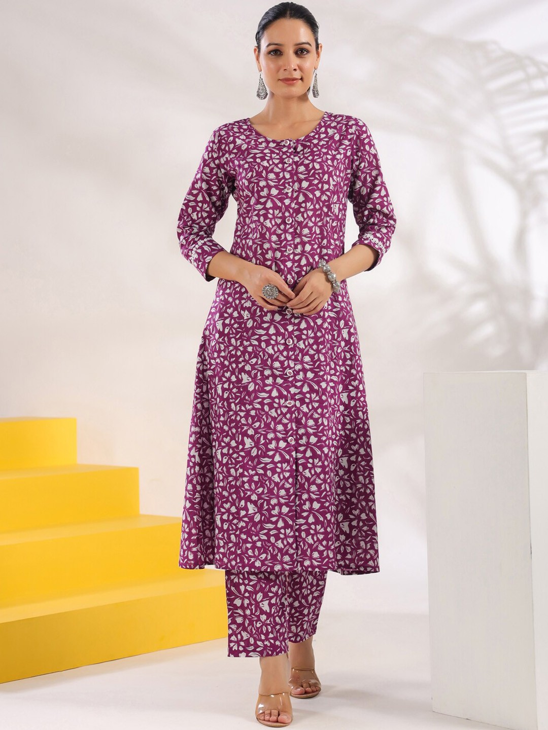 

KALINI Women Floral Printed Regular Pure Cotton Kurta with Trousers, Purple