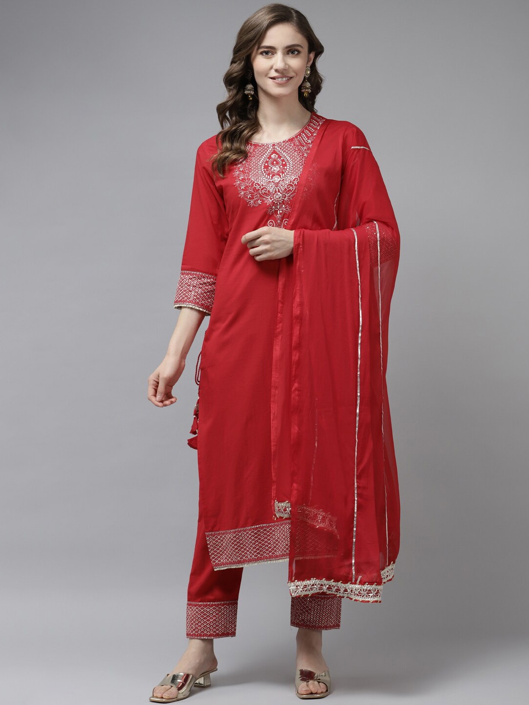 

KALINI Women Ethnic Motifs Yoke Design Regular Thread Work Pure Cotton Kurta with Trousers & With Dupatta, Red