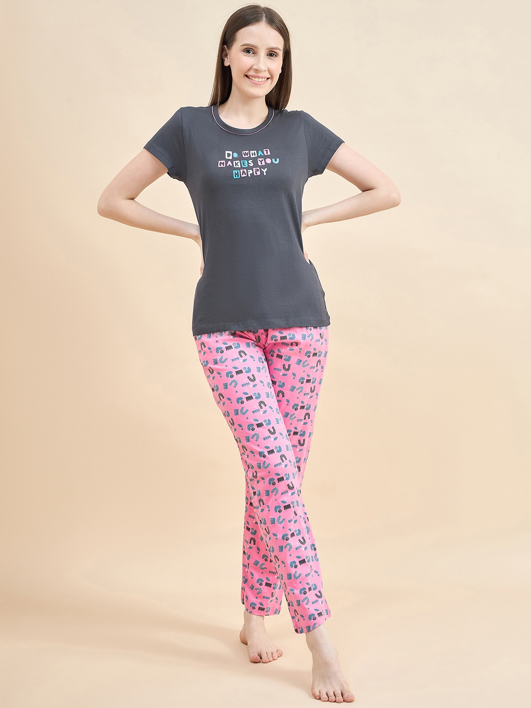 

ETC Typography Printed Round Neck Night suit, Navy blue