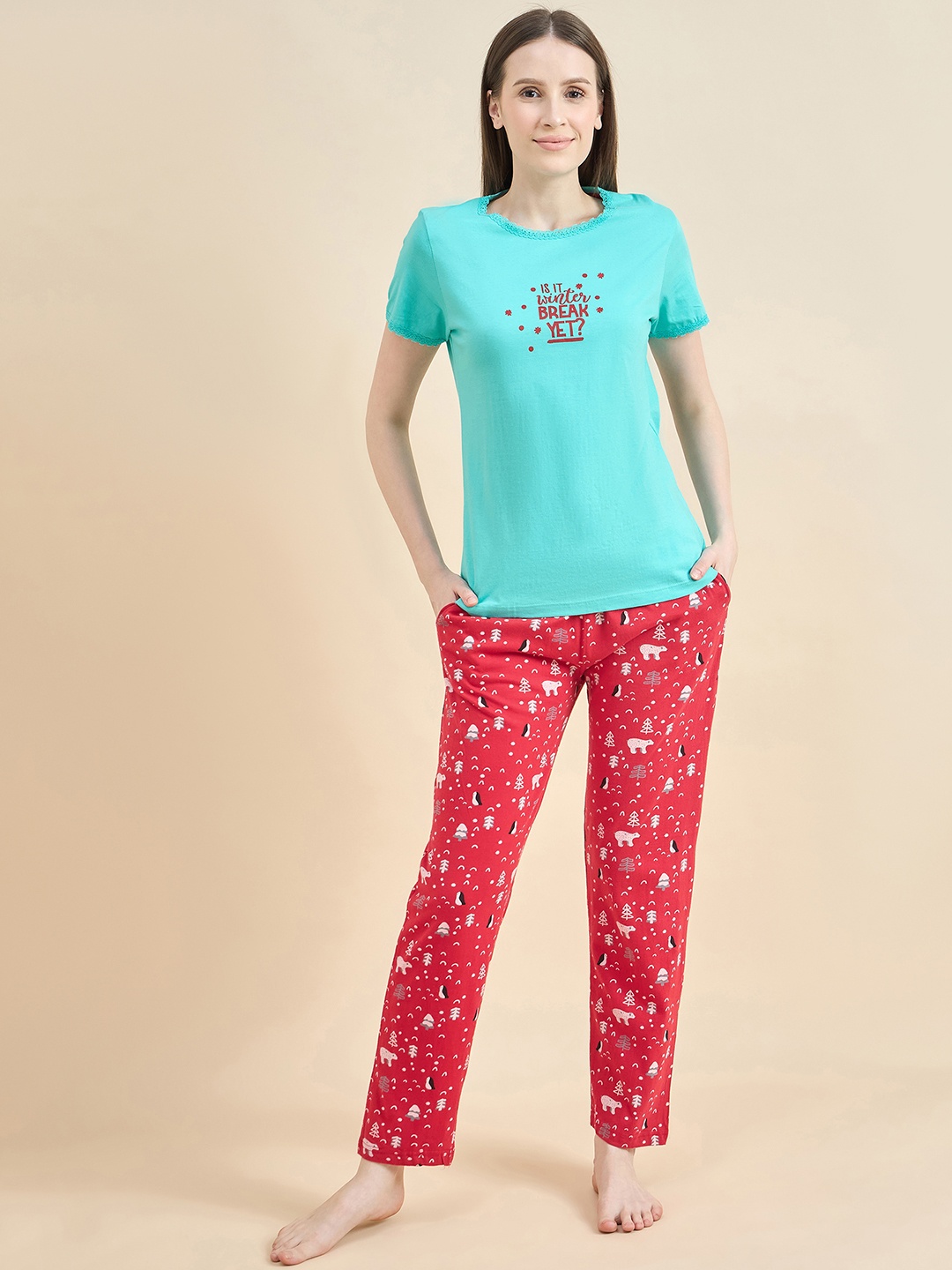 

ETC Typography Printed Round Neck Night suit, Green