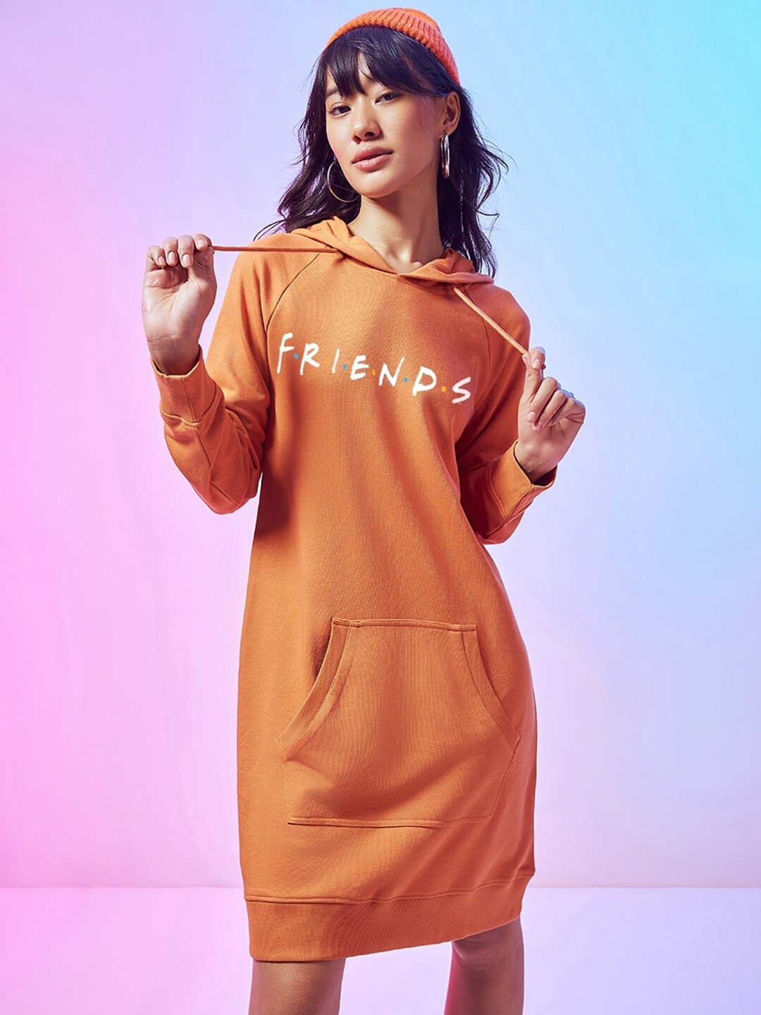 

Bewakoof Friends Typography Printed Hooded Acid Wash T-shirt Dress, Orange