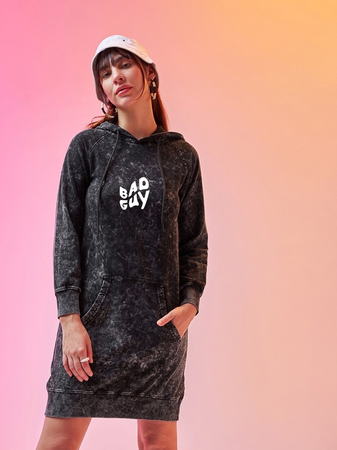 

Bewakoof Billie Graphic Printed Hooded Acid Wash T-shirt Dress, Black