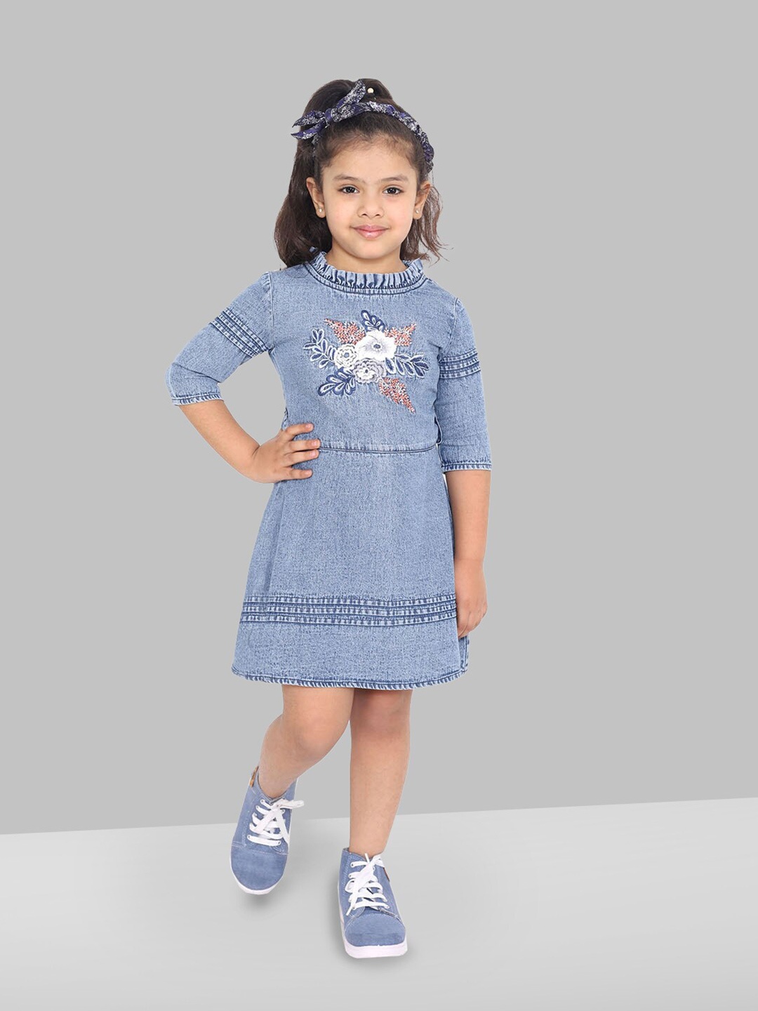 

BAESD Girls Floral Embroidered Pure Cotton Denim A-Line Dress, Blue