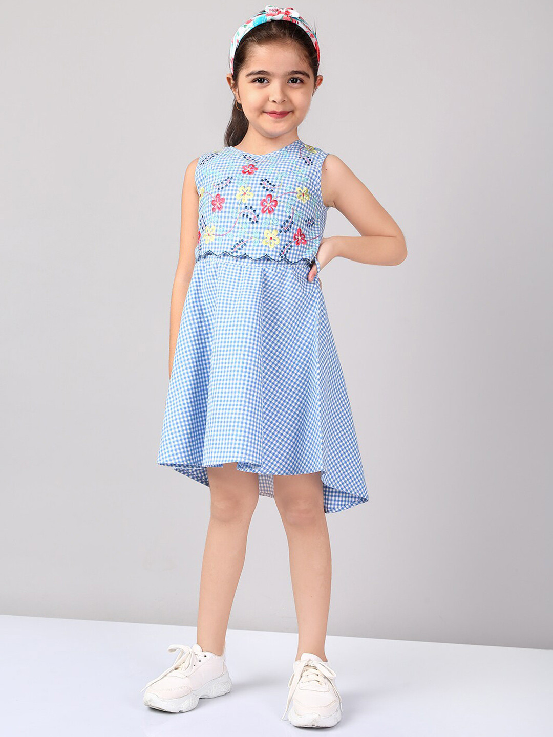 

BAESD Girls Checked Embroidered Detailed Shirt Collar Pure Cotton Fit & Flare Dress, Blue
