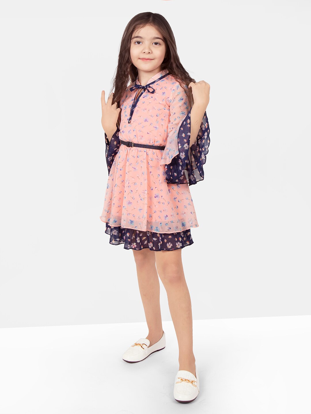 

BAESD Girls Polka Dot Print Georgette Bell Sleeves Fit & Flare Dress Comes With A Belt, Pink