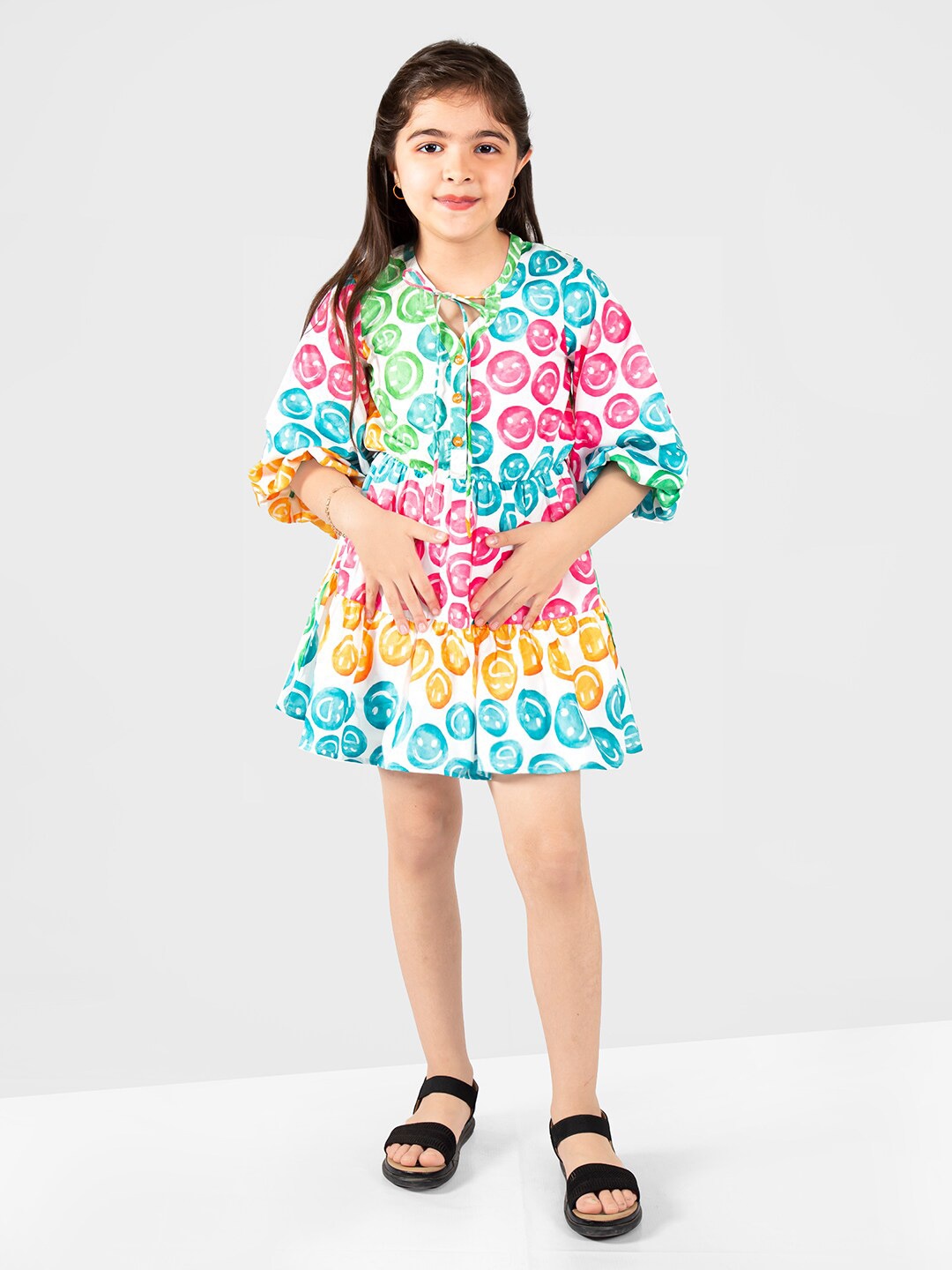 

BAESD Girls Conversational Printed Tie-Up Neck Puff Sleeves Gathered Fit & Flare Dress, White