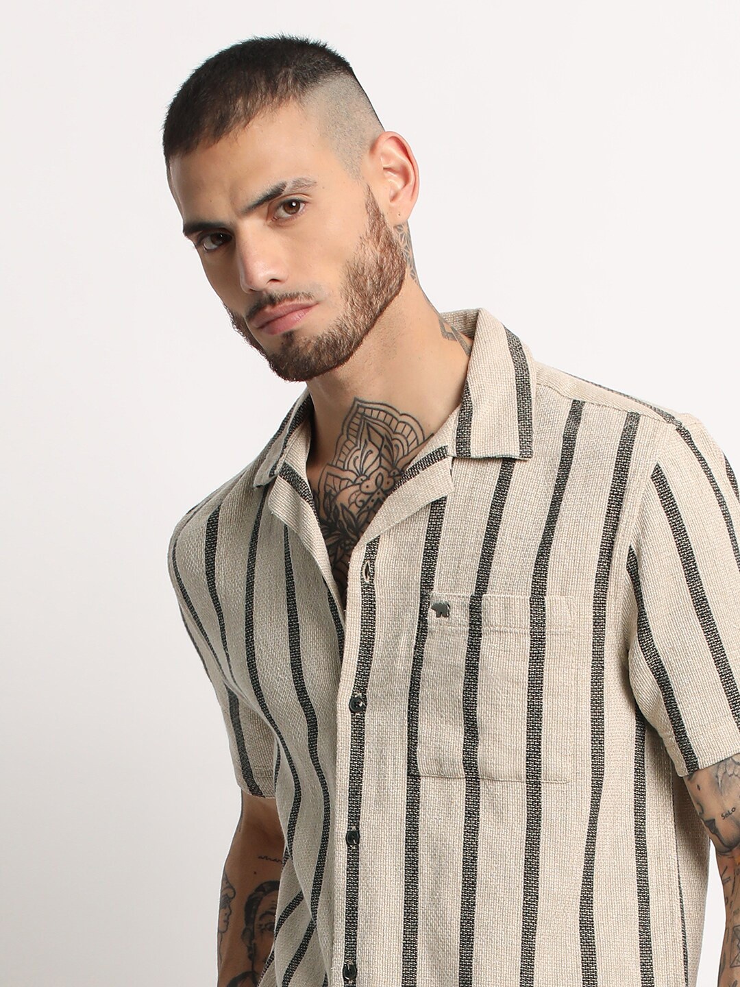 

THE BEAR HOUSE Opaque Striped Casual Shirt, Beige