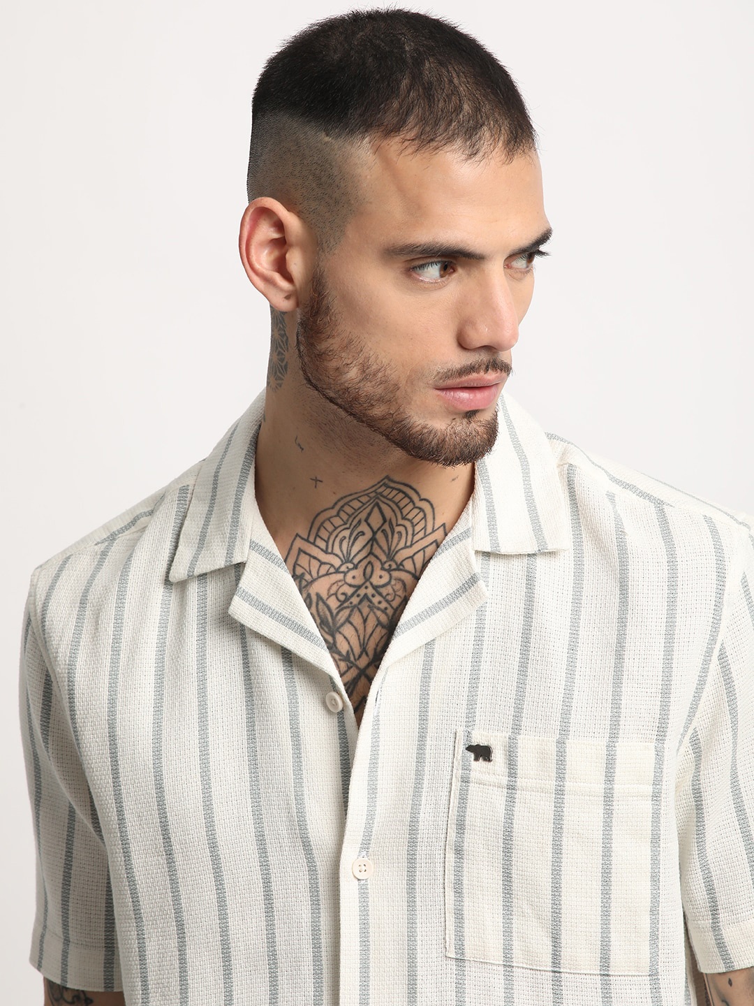 

THE BEAR HOUSE Opaque Striped Casual Shirt, Cream