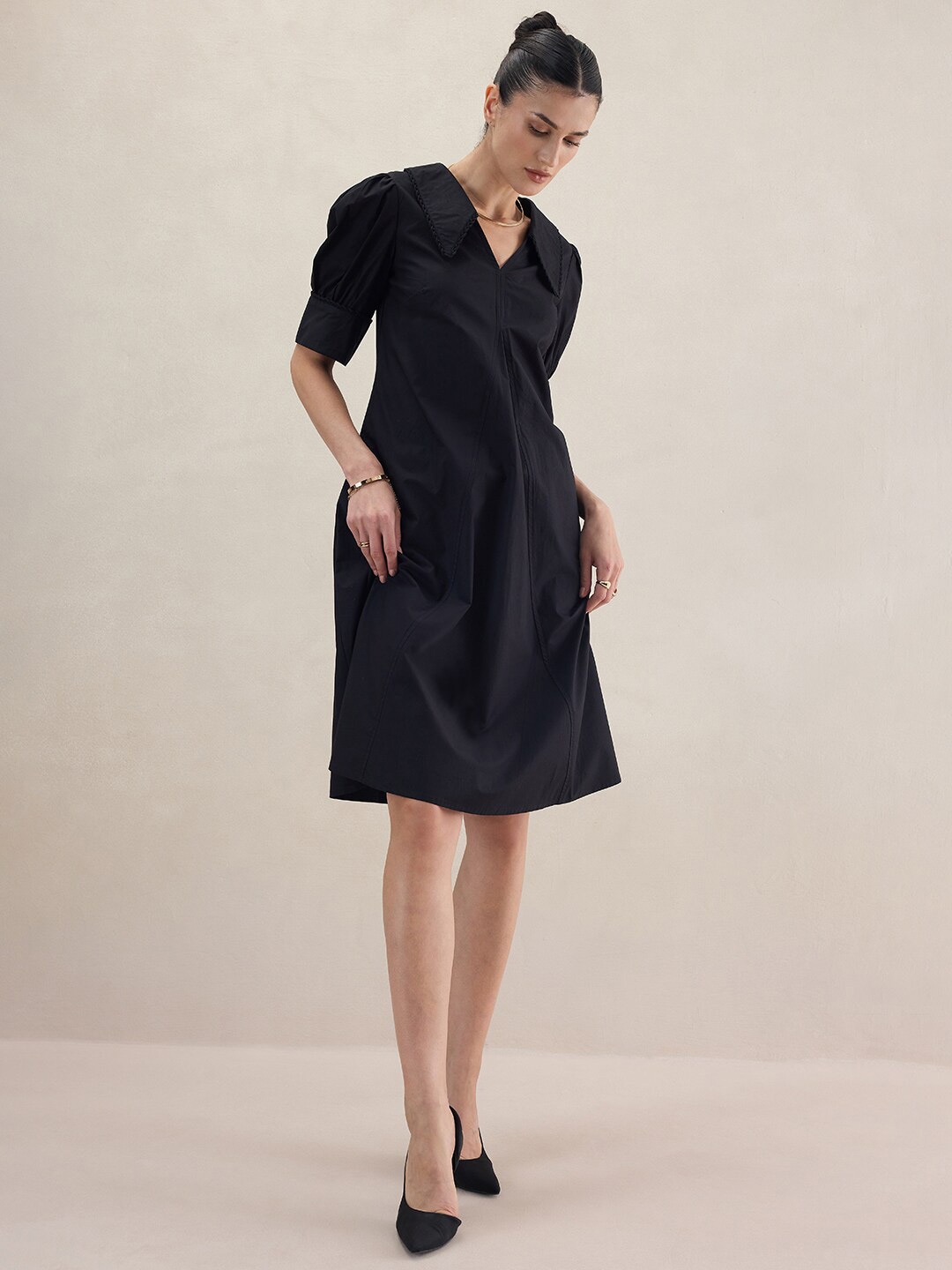 

FEMMELLA V-Neck Puff Sleeves A-Line Cotton Midi Dress, Black