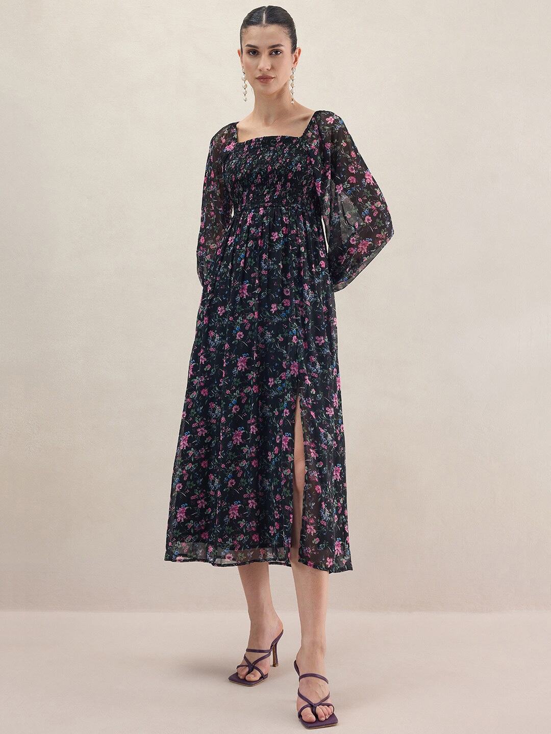 

Femella Floral Print Smocked Puff Sleeve A-Line Midi Dress, Black