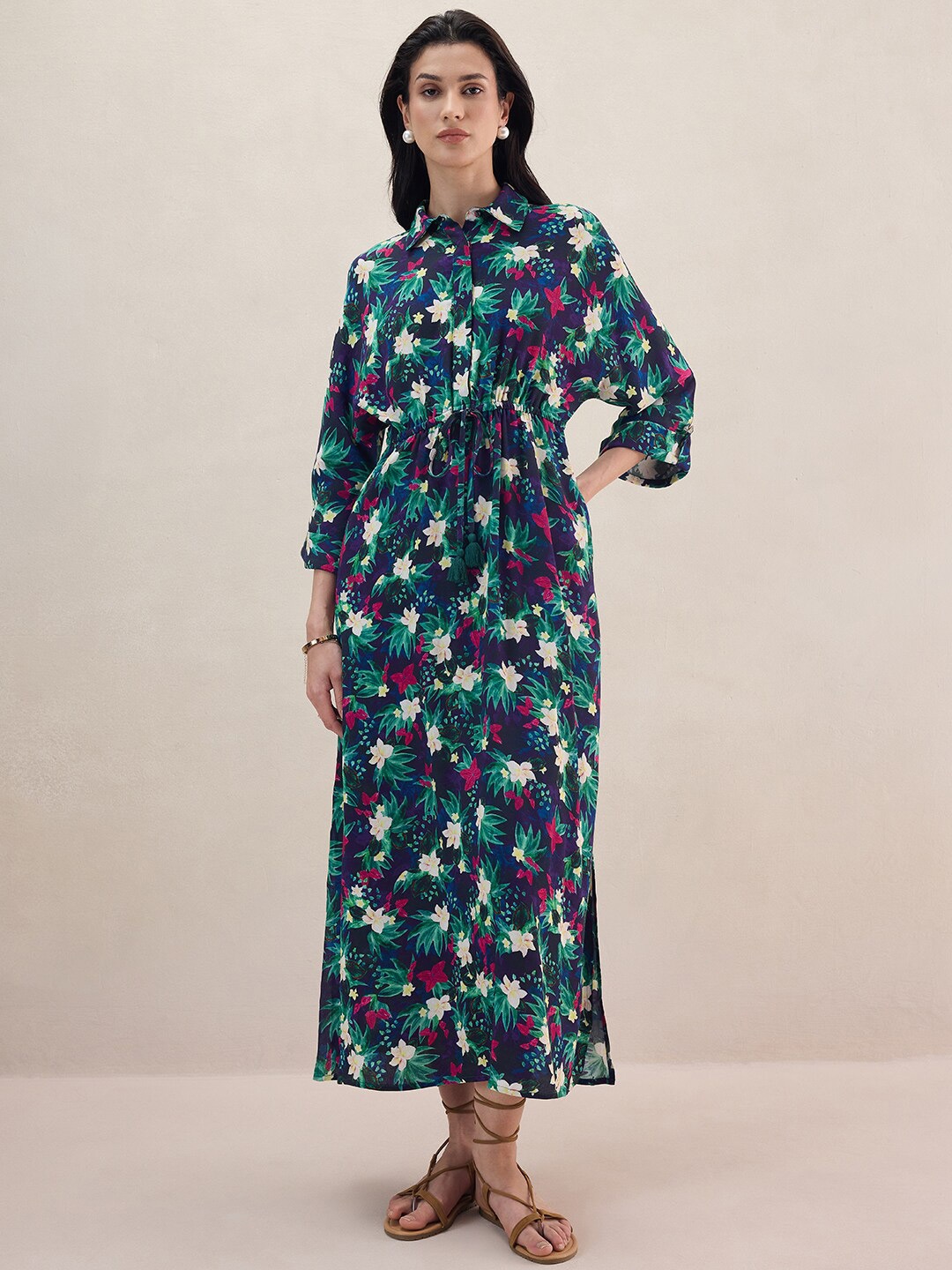 

FEMMELLA Tropical Print Shirt Midi Dress, Black