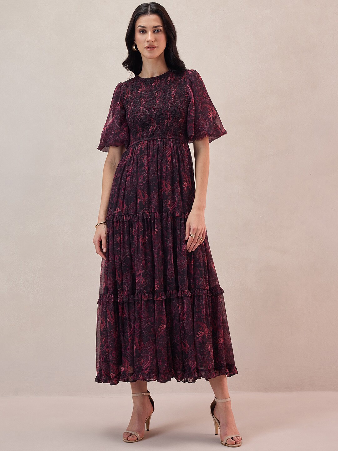 

FEMMELLA Ethnic Motifs Printed Tiered Smocked Maxi Dress, Black
