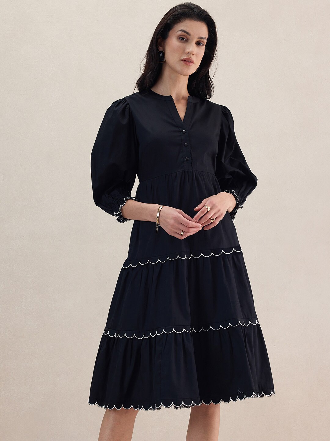 

FEMMELLA Puff Sleeves Tiered Scalloped Fit & Flare Dress, Black