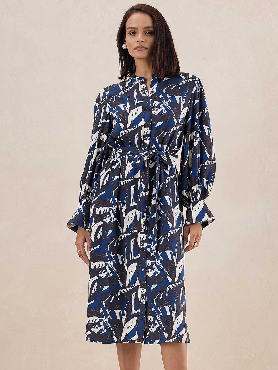 

FEMMELLA Print Belted Shirt Midi Dress, Blue