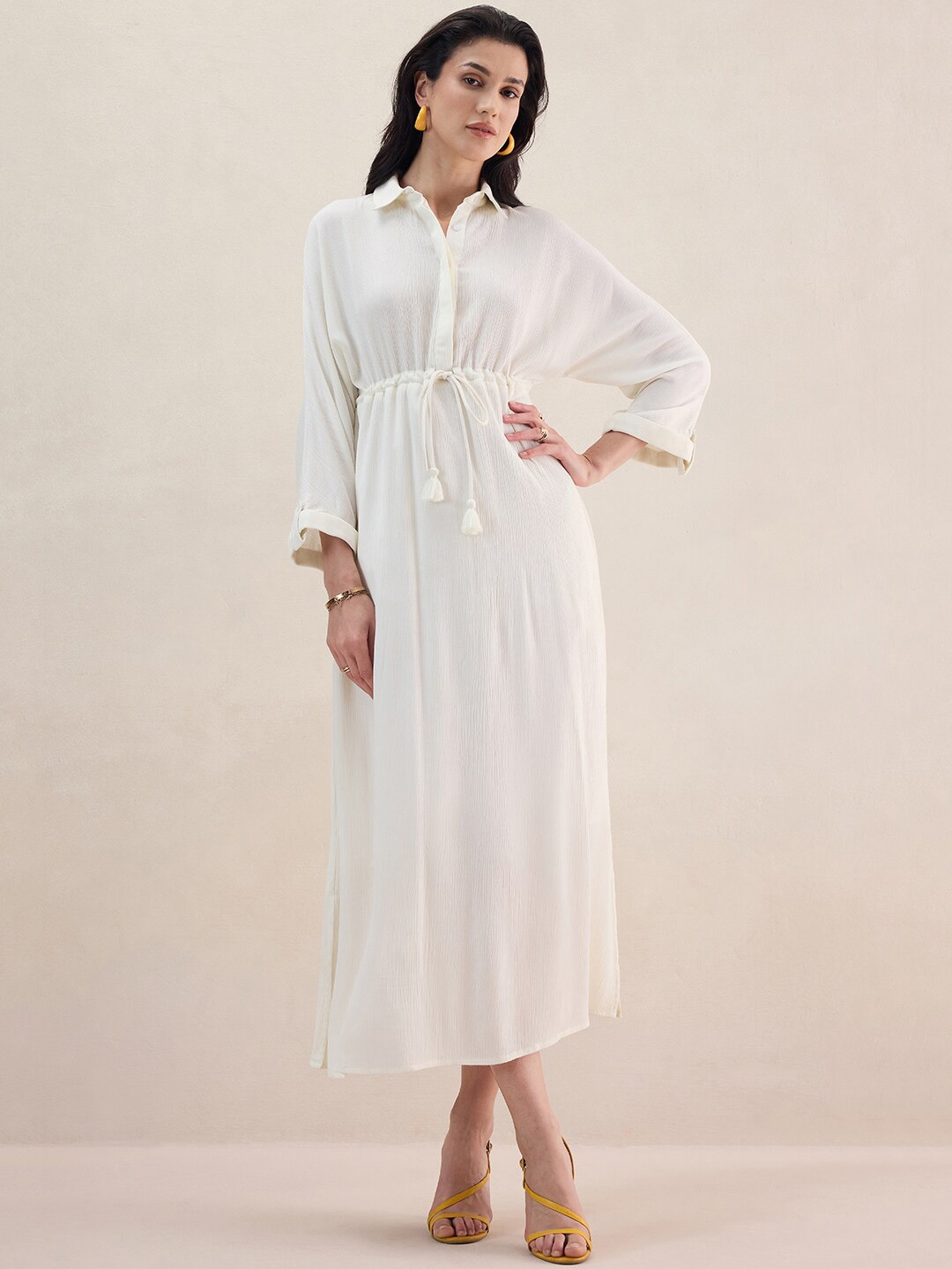 

FEMMELLA Crinkled Shirt Midi Dress, Off white