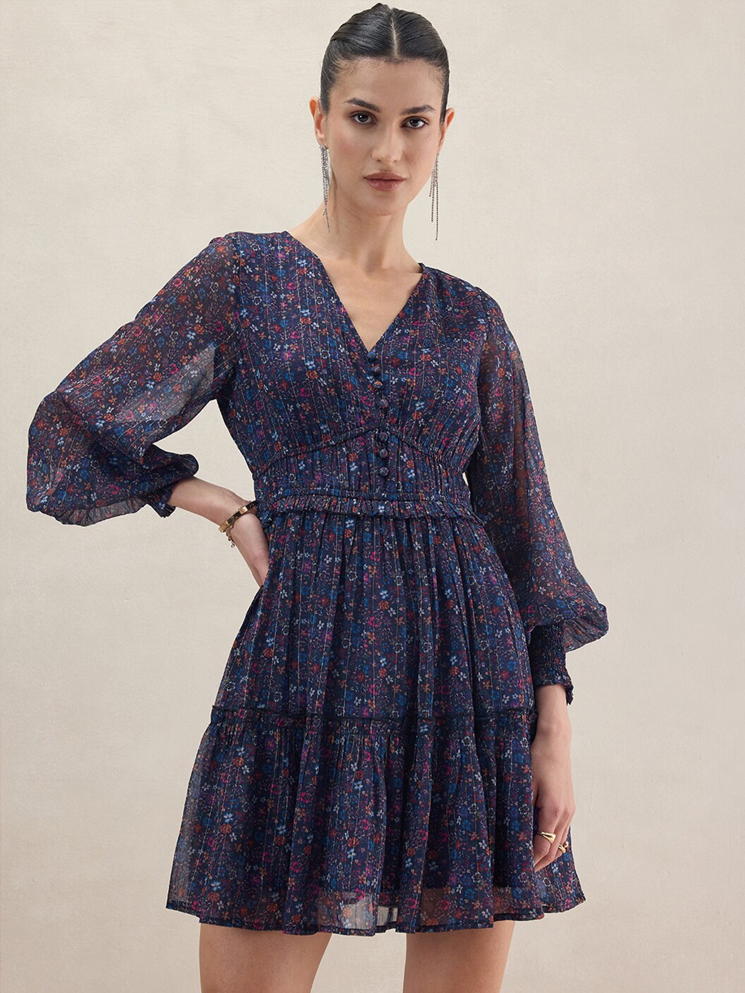 

Femella Floral Printed Cuffed Sleeves Tiered Dress, Navy blue